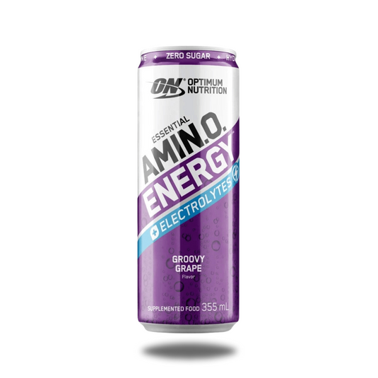 A can of Optimum Nutrition Amino Energy with Electrolytes in a groovy grape flavor, featuring a purple design.